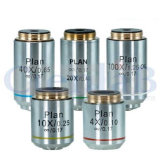 Kit de 4 Objetivas Planacromáticas de Ótica Infinita (4x,10x,40x retrátil e 100x retrátil imersão) para B50 Kit de 4 Objetivas Planacromáticas de Ótica Infinita (4x,10x,40x retrátil e 100x retrátil imersão) para B50