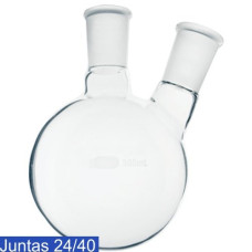 Balão fundo redondo com 2 juntas 24/40 ( 1 central e 1 lateral angular ). Capacidade 100ml Balão fundo redondo com 2 juntas 24/40 ( 1 central e 1 lateral angular ). Capacidade 100ml