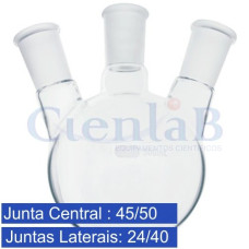Balão Fundo Redondo Com 3 Juntas Esmerilhadas sendo central 45/50 e laterais angulares 24/40. Capacidade  2000ml