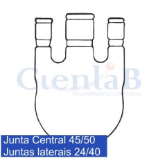 Balão Fundo Redondo com 3 juntas - Junta Central 45/50 e Juntas Laterais Paralelas 24/40. Capacidade   500 mL