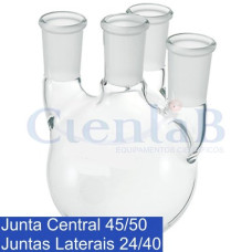 Balão Fundo Redondo com 4 juntas - Junta Central 45/50 e Juntas Laterais Paralelas 24/40. Capacidade 1000 mL Balão Fundo Redondo com 4 juntas - Junta Central 45/50 e Juntas Laterais Paralelas 24/40. Capacidade 1000 mL
