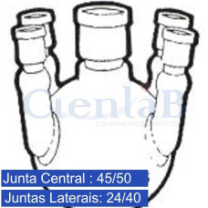 Balão Fundo Redondo Com 5 Juntas Esmerilhadas sendo central 45/50 e laterais angulares 24/40. Capacidade 1000ml Balão Fundo Redondo Com 5 Juntas Esmerilhadas sendo central 45/50 e laterais angulares 24/40. Capacidade 1000ml