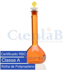 Balão volumétrico com rolha de polietileno Âmbar CLASSE A Com Certificado Rastreável RBC Capacidade 500ml Balão volumétrico com rolha de polietileno Âmbar CLASSE A Com Certificado Rastreável RBC Capacidade 500ml