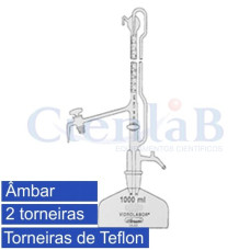 Bureta automática com 2 torneiras de teflon e frasco de 1 LT ambar, 5ml Bureta automática com 2 torneiras de teflon e frasco de 1 LT ambar, 5ml