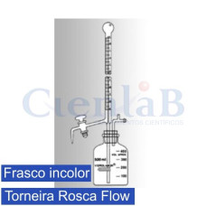 Bureta D'água tipo estudante incolor com torneira rosca flow com frasco 500 ml incolor, capacidade 5 ml Bureta D'água tipo estudante incolor com torneira rosca flow com frasco 500 ml incolor, capacidade 5 ml
