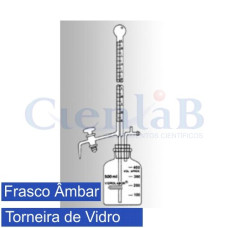 Bureta D'água tipo estudante incolor com torneira de vidro com frasco 500 ml âmbar, capacidade 5 ml Bureta D'água tipo estudante incolor com torneira de vidro com frasco 500 ml âmbar, capacidade 5 ml